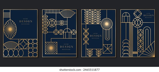 Geometric line pattern poster design vector. Set invitation card of abstract art decor design on dark blue background. Use for wedding invitation, cover, VIP card, print, gala, wallpaper.