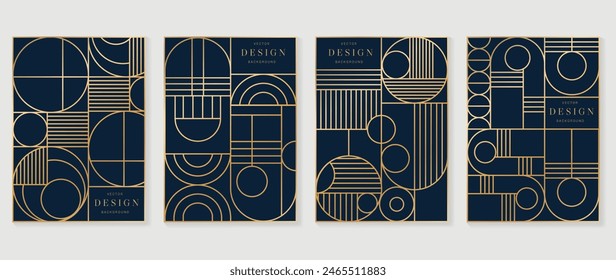 Vector de diseño de póster de patrón de línea geométrica. Establecer tarjeta de invitación de diseño de decoración de arte abstracto sobre fondo azul oscuro. Uso para invitación de boda, cubierta, tarjeta VIP, impresión, gala, Fondo de pantalla.