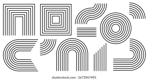 Geometric line patterns with arch and rainbow shapes for minimalist design - squares and circles, curves and parallel strokes. Black outlines on white for modern branding or architectural graphics.