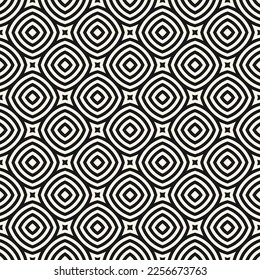 Geometric line seamless pattern. Simple vector abstract texture with curved shapes, circles, squares, stripes, repeat tiles. Black and white minimal geometric ornament. Modern monochrome background