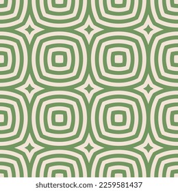 Geometric line seamless pattern. Simple vector abstract texture with big curved shapes, circles, squares, stripes, repeat tiles. Retro vintage style geometric ornament. Green and beige geo background