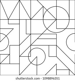 Geometric line seamless vector pattern. Black thin line shapes on white background.