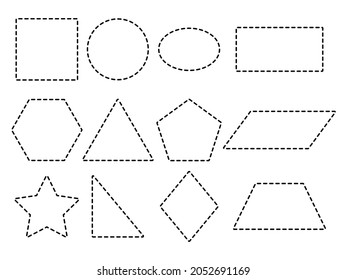 Geometric line shapes set. Educational black silhouette and linear spotted figures. Basic cutting forms. Vector isolated on white