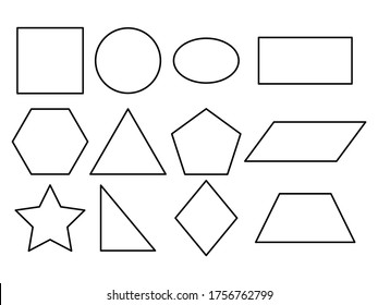 Geometric line shapes set vector icon isolated on white. Black contour figures collection.