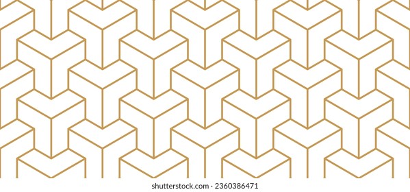 Geometric line tile seamless pattern. Isometric modern cube grid background. White and gold texture. Vintage herringbone wooden floor. Mosaics tile pattern. Vector illustration on white background.