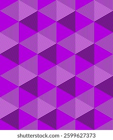 Geometric line triangles and hexagons construction seamless pattern background. Violet, purple and gray colors technical ornamental print wallpaper or cloth fabric style design.