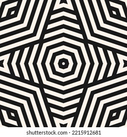 Geometric line vector seamless pattern. Abstract minimal monochrome striped ornament. Black and white texture with lines, stripes, stars shapes, octagons, repeat tiles. Simple background. Geo design