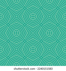 Geometric line vector seamless pattern. Abstract minimal striped ornament. Turquoise green color texture with lines, stripes, stars, octagons, repeat tiles. Simple background. Retro style geo design
