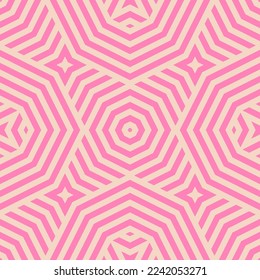 Geometric line vector seamless pattern. Abstract minimal striped ornament. Pink and beige texture with lines, stripes, stars shapes, octagons, repeat tiles. Simple background. Retro style geo design