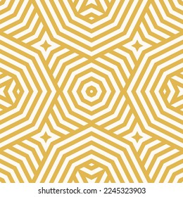 Geometric line vector seamless pattern. Abstract minimal striped ornament. Yellow mustard color texture with lines, stripes, stars shapes, octagons, repeat tiles. Simple background. Trendy geo design