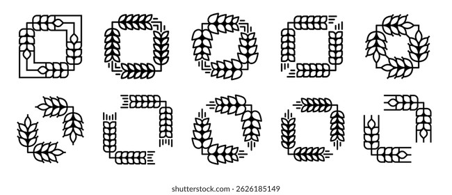 Geometric line wheat wreath icon set. Barley ears, oat isolated frames collection