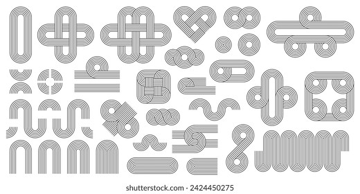 Geometric line Zen arch pattern elements, figures and stroke shapes, vector linear symbols. Abstract minimalist outline Zen pattern shapes of heart, wave or curve zigzag and square with knit knots