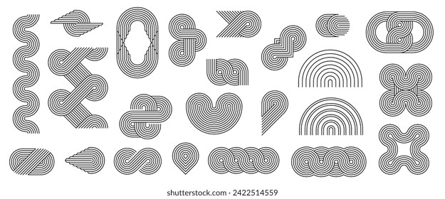 Geometric line Zen arch patterns, stroke figures and shapes, vector linear elements. Abstract minimalism outline wave, curve and circle shapes with Japanese Zen arch patterns in wavy zigzag