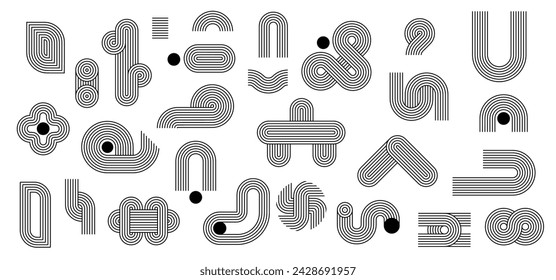 Geometric line Zen patterns, arch figures and stroke shapes, abstract linear vector symbols. Minimalist outline shapes of wave, curve zigzag and knit elements with black dots of Japanese Zen patterns