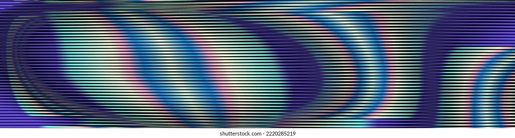 Geometric linear abstract horizontal banner with blurred vision moire shapes in dark blue toned. Metaverse concept background for wall art, wall panel, poster, web banner, mobile apps, interior. 