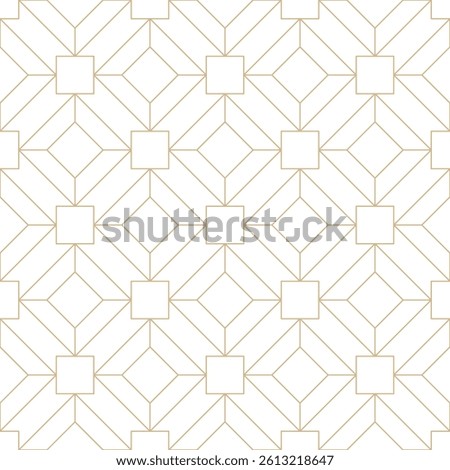 Geometric linear diamond grid on white background. Luxurious gold line rhombuses art deco seamless pattern. Geometric linear faceted diamonds mosaic tile design. Square gems and crystals design.