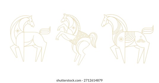 Geometric linear horse vector illustrations for Chinese New Year 2026. Modern vector line art