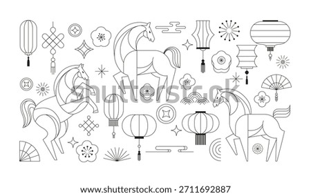Geometric linear illustrations collection for Chinese New Year 2026 - Year of the Horse. Modern vector line art set.