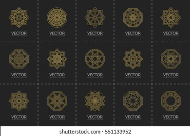 Geometric linear logo template set. Vector circular arabic ornamental symbols