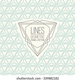 Geometric linear pattern and monoline frame. Vintage colors. Seamless abstract vector background. Package design - badge with geometric border and place for your monocrest logo, identity or text.