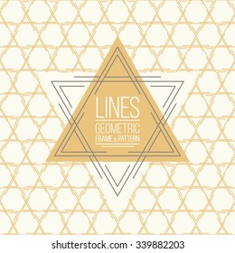 Geometric linear pattern and monoline frame. Vintage colors. Seamless abstract vector background. Package design - badge with geometric border and place for your logo, identity or text.