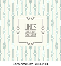 Geometric linear pattern and monoline frame. Vintage colors. Seamless abstract vector background. Package design - badge with geometric border and place for your monocrest logo, identity or text.
