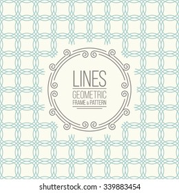 Geometric linear pattern and monoline frame. Vintage colors. Seamless abstract vector background. Package design - badge with geometric border and place for your logo, identity, text. Monocrest style