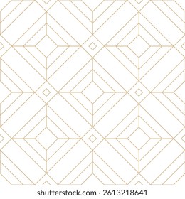 Geometric linear rhombuses on white background. Luxurious gold line grid art deco seamless pattern. Geometric linear faceted diamonds, square gems and crystals mosaic tile design.