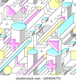 Geometric linear seamless pattern. Vector background with simple shapes, lines, transparent colors. Retro futuristic 80s-90s style. Print or fabric texture template. Modern isometric layout design.