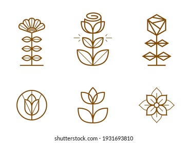 Geometric linear style vector flower logos or emblems set, sacred geometry floral symbols line drawing emblems collection, blossoming flower hotel or boutique or jewelry logotypes.