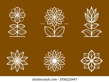 Geometric linear style vector flower logos or emblems set, sacred geometry floral symbols line drawing emblems collection, blossoming flower hotel or boutique or jewelry logotypes.