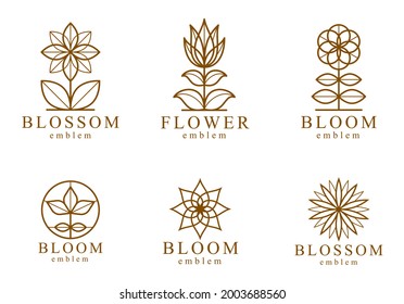 Geometric linear style vector flower logos or emblems set, sacred geometry floral symbols line drawing emblems collection, blossoming flower hotel or boutique or jewelry logotypes.