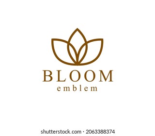 Logo de flor vectorial de estilo lineal geométrico o emblema aislado en blanco, geometría sagrada, emblema de línea de símbolos florales, flor floral floreciente hotel o boutique o logotipo de joyería.