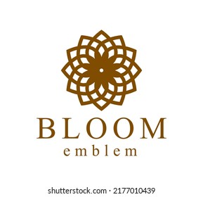 Geometric linear style vector flower logo or emblem isolated on white, sacred geometry floral symbol line drawing emblem, blossoming flower hotel or boutique or jewelry logotype.