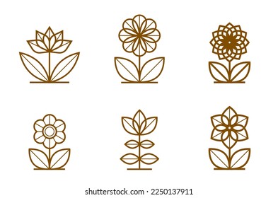 Logotipos o emblemas de flores vectoriales de estilo geométrico lineal, geometría sagrada, símbolos florales de línea colección de emblemas de dibujo, flor floral floreciente hotel o boutique o lotipos de joyería.