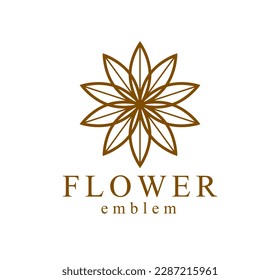 Geometric linear style vector flower logo or emblem isolated on white, sacred geometry floral symbol line drawing emblem, blossoming flower hotel or boutique or jewelry logotype.