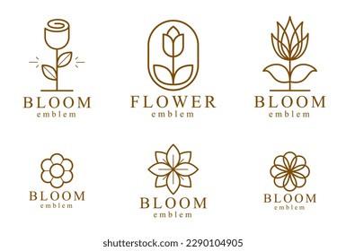 Geometric linear style vector flower logos or emblems set, sacred geometry floral symbols line drawing emblems collection, blossoming flower hotel or boutique or jewelry logotypes.