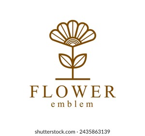 Geometric linear style vector flower logo or emblem isolated on white, sacred geometry floral symbol line drawing emblem, blossoming flower hotel or boutique or jewelry logotype.