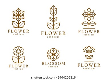 Geometrische lineare Stil Vektorgrafik Blumenlogos oder Embleme Set, sakrale Geometrie Blumensymbole Linie Zeichnung Embleme Kollektion, Blüte Blumenhotel oder Boutique oder Schmuck Logotypen.