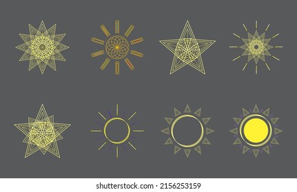  Geometric linear sun logos, icons and symbols. Sunlight, sun, stars for design templates, icons, logo. Linear abstract design elements for decoration. Set.