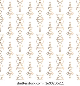 Geometric linear vector seamless pattern. Gold and white hipster symbols background. Modern style texture