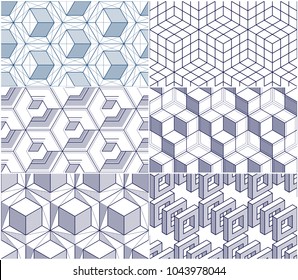 Geometric lines abstract seamless patterns set, 3d vector backgrounds cubes collection. Technology style engineering line drawing endless illustration. Usable for fabric, wallpaper, wrapping. 