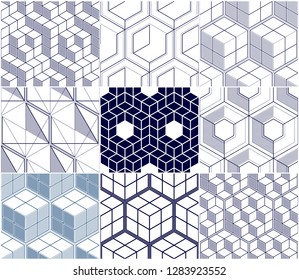Geometric lines abstract seamless patterns set, 3d vector backgrounds cubes collection. Technology style engineering line drawing endless illustration. 