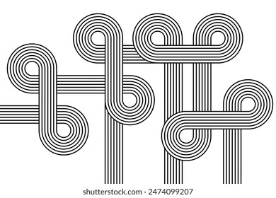 Geometrische Linien von Bögen und Kreisen von verdrehten abstrakten Formen. Lineares Gestaltungselement im modernen Bauhaus-Boho-Stil.