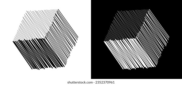 Geometric lines art. Cube shape icon or logo. Black shape on a white background and the same white shape on the black side.