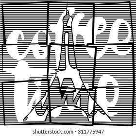 Geometric lines with black background together and Paris Eiffel tower silhouette illustration with Coffee time word design together vector print pattern. For fashion and graphic design. T shirt print