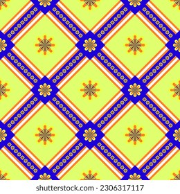 geometric lines blue Orange, Yellow and White Intertwined with fabric patterns, skirts, shirts, tablecloths, socks, curtains, pillows, hats, made into a large piece of fabric, patterns on yellow