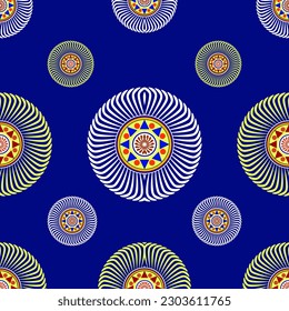 geometric lines blue and  yellow orange Intertwined with fabric patterns, skirts, shirts, tablecloths, socks, curtains, pillows, hats, made into a large piece of fabric, patterns on glasses, plates, b