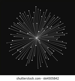 Geometric lines in circle or round shape. Stylized sun or fireworks. Rays radiating from a central object or source of light. White lights on black background. Vector illustration.
