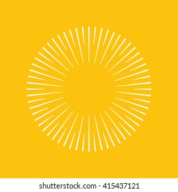 Geometric lines in circle or round shape.Stylized sun or fireworks.Rays radiating from a central object or source of light.Starburst shape.Light rays of burst on yellow background.Vector illustration.